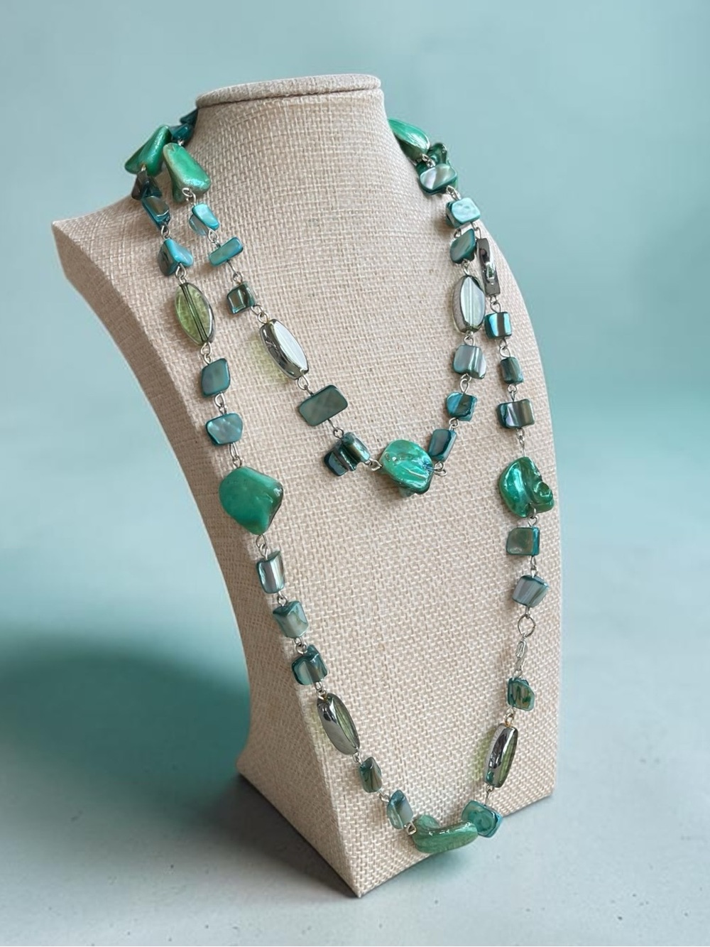 Painted Shell Crystal Blue Green Silver Tone Station Necklace